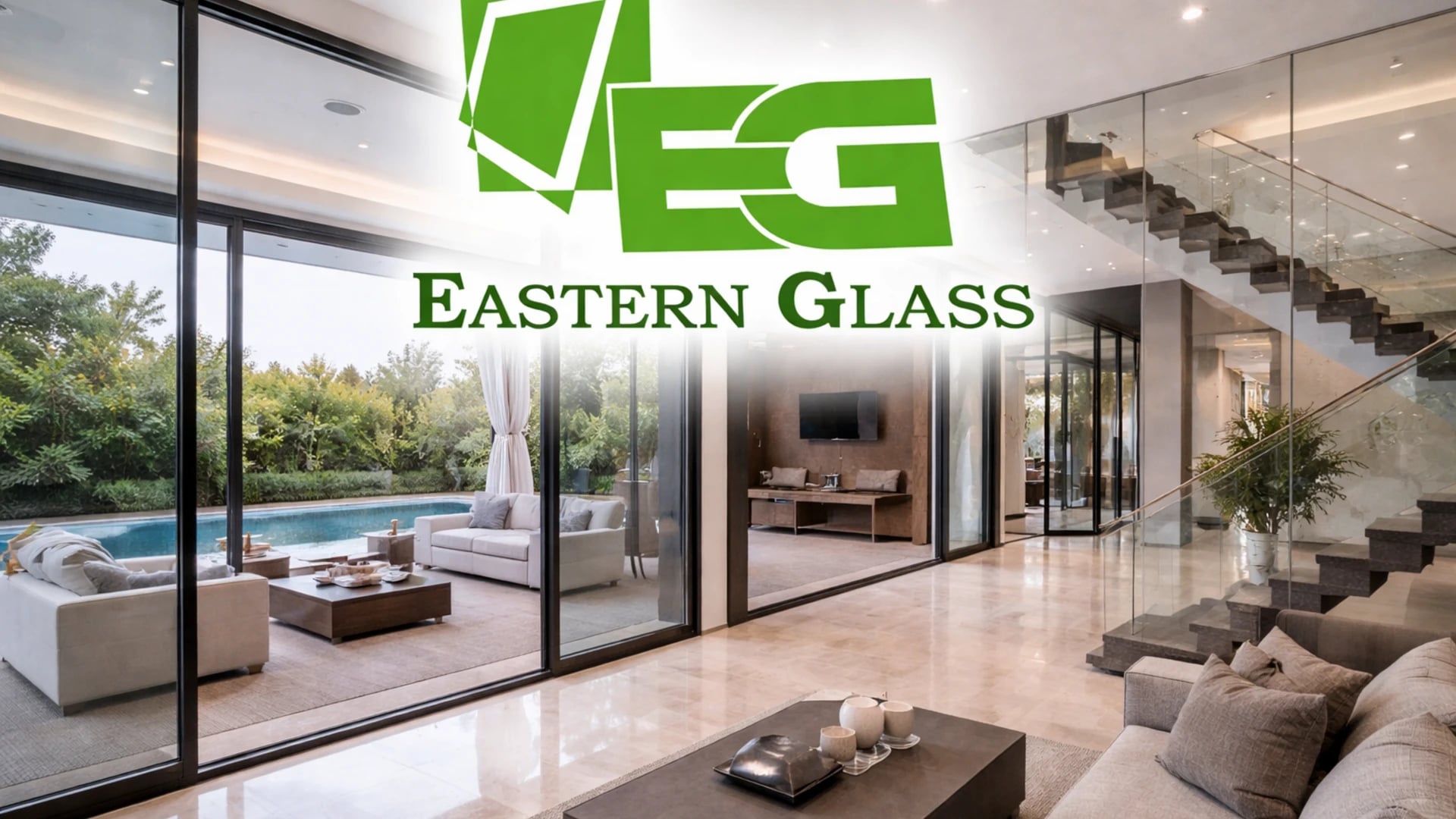 Luxury home with glass doors and glass staircase railings